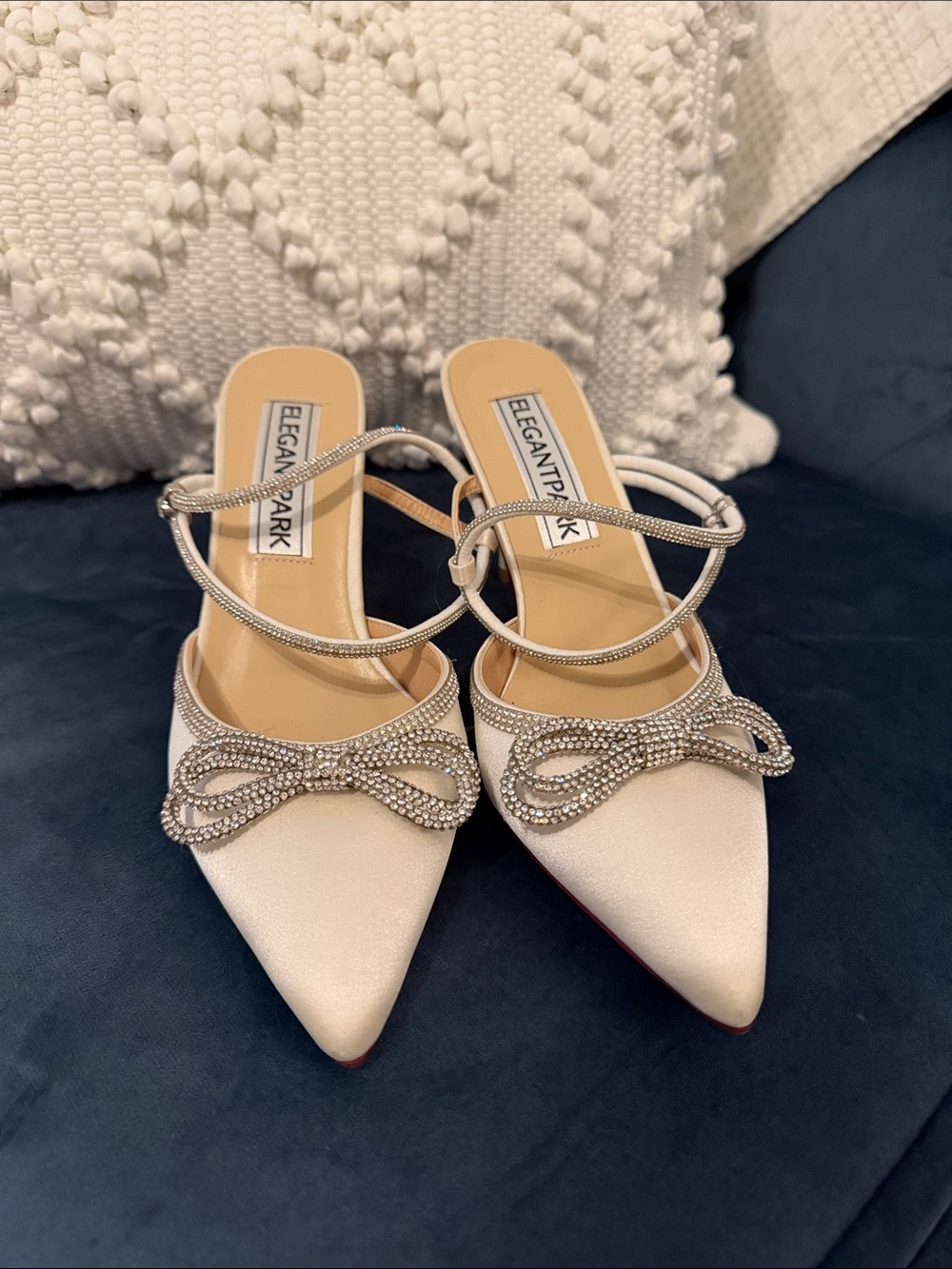 ElegantPark Women's Ivory Pointed Toe Bow Slingback Mules